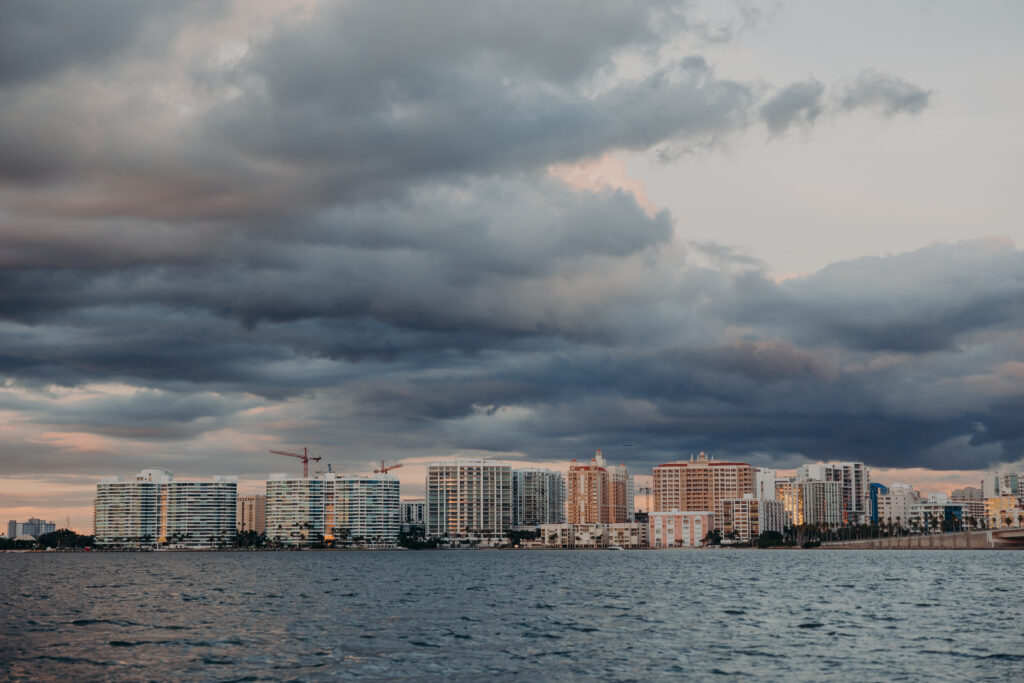 Downtown Sarasota waterfront skyline at sunset near Selby Botanical Gardens
