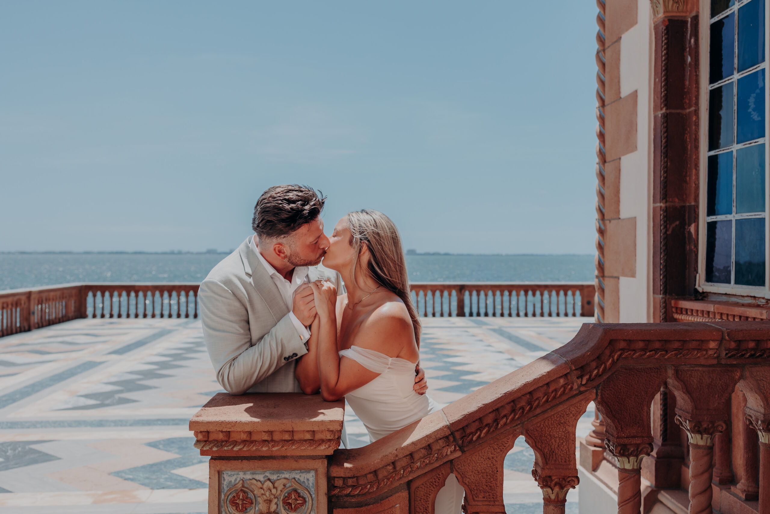 Nicole and Gabe emotional proposal moment at the Ringling estate Sarasota Florida