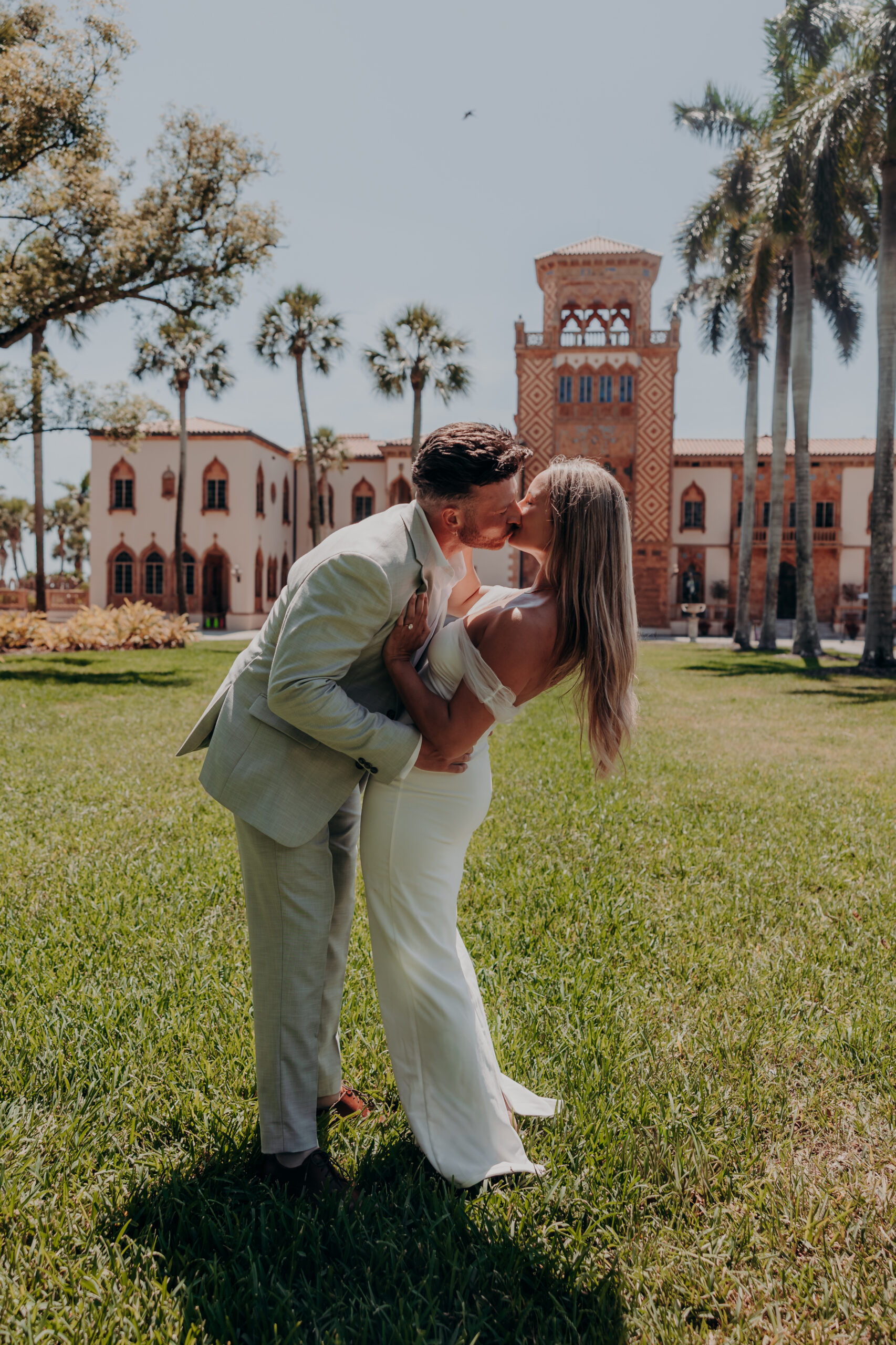Nicole and Gabe romantic dip pose at the Ringling Museum Sarasota Florida engagement photographer