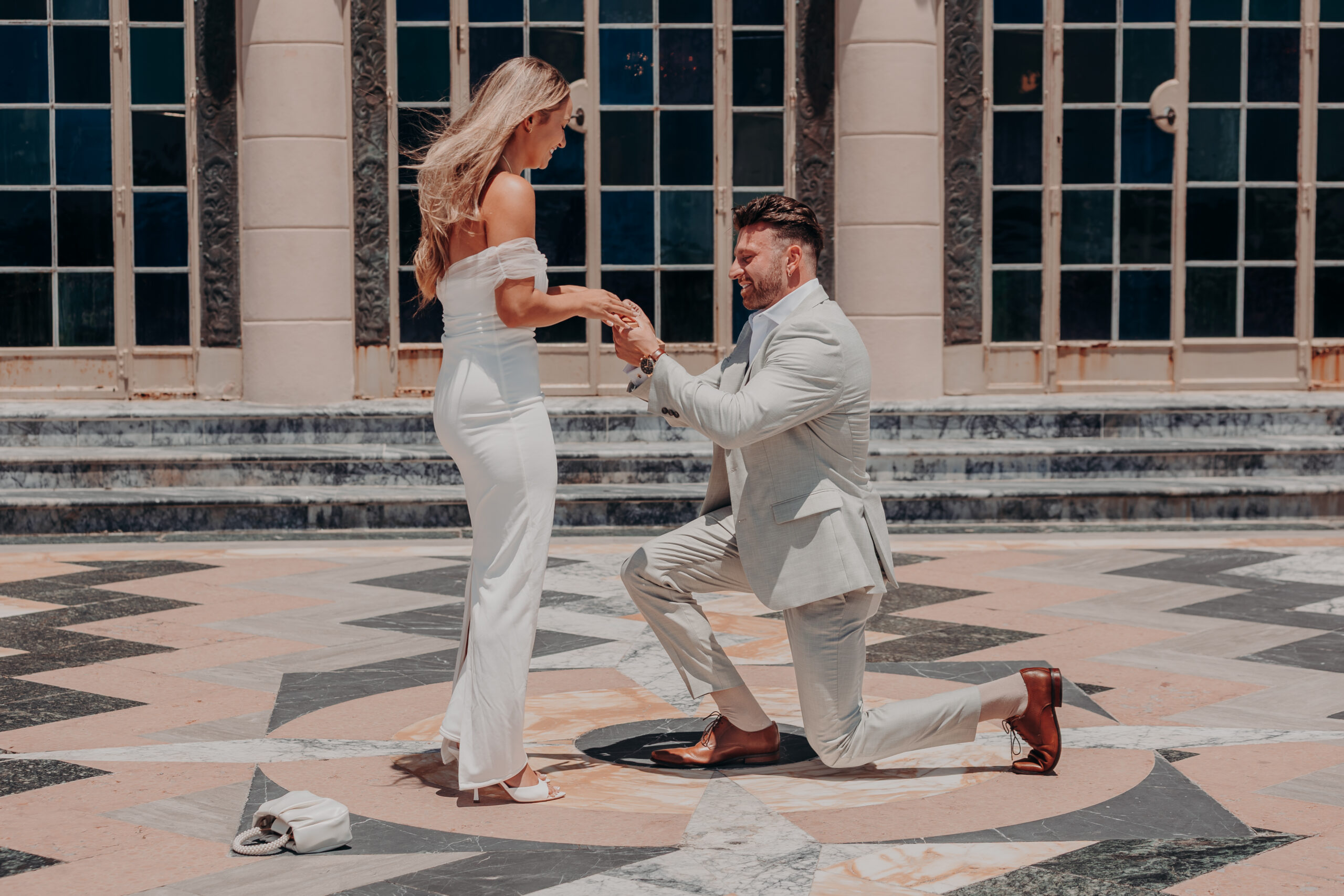 Gabe and Nicole forehead to forehead after the proposal at the Ringling estate Sarasota Florida