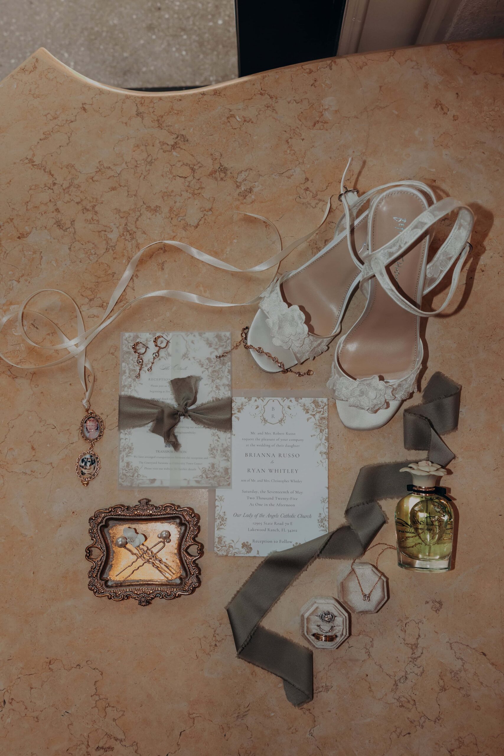 Bridal detail flat lay photo from Brianna and Ryan Whitley wedding at Lakewood Ranch Golf and Country Club