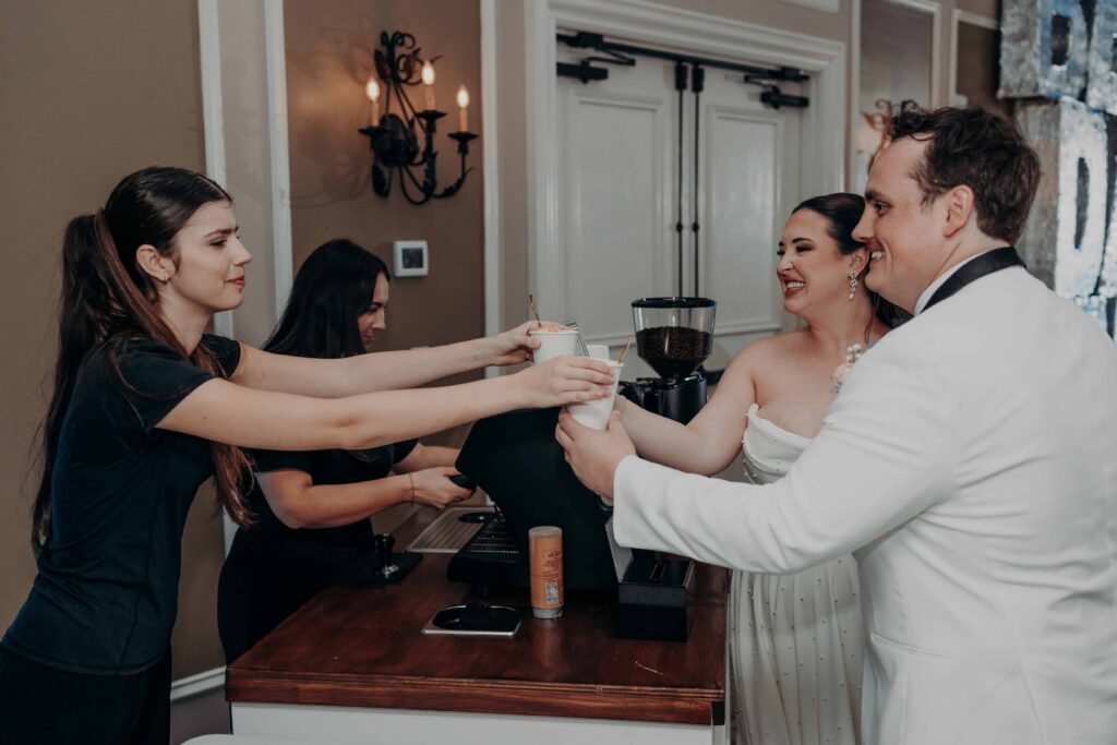 Bride and groom at The Beloved Coffee affogato bar at Lakewood Ranch Golf and Country Club wedding reception