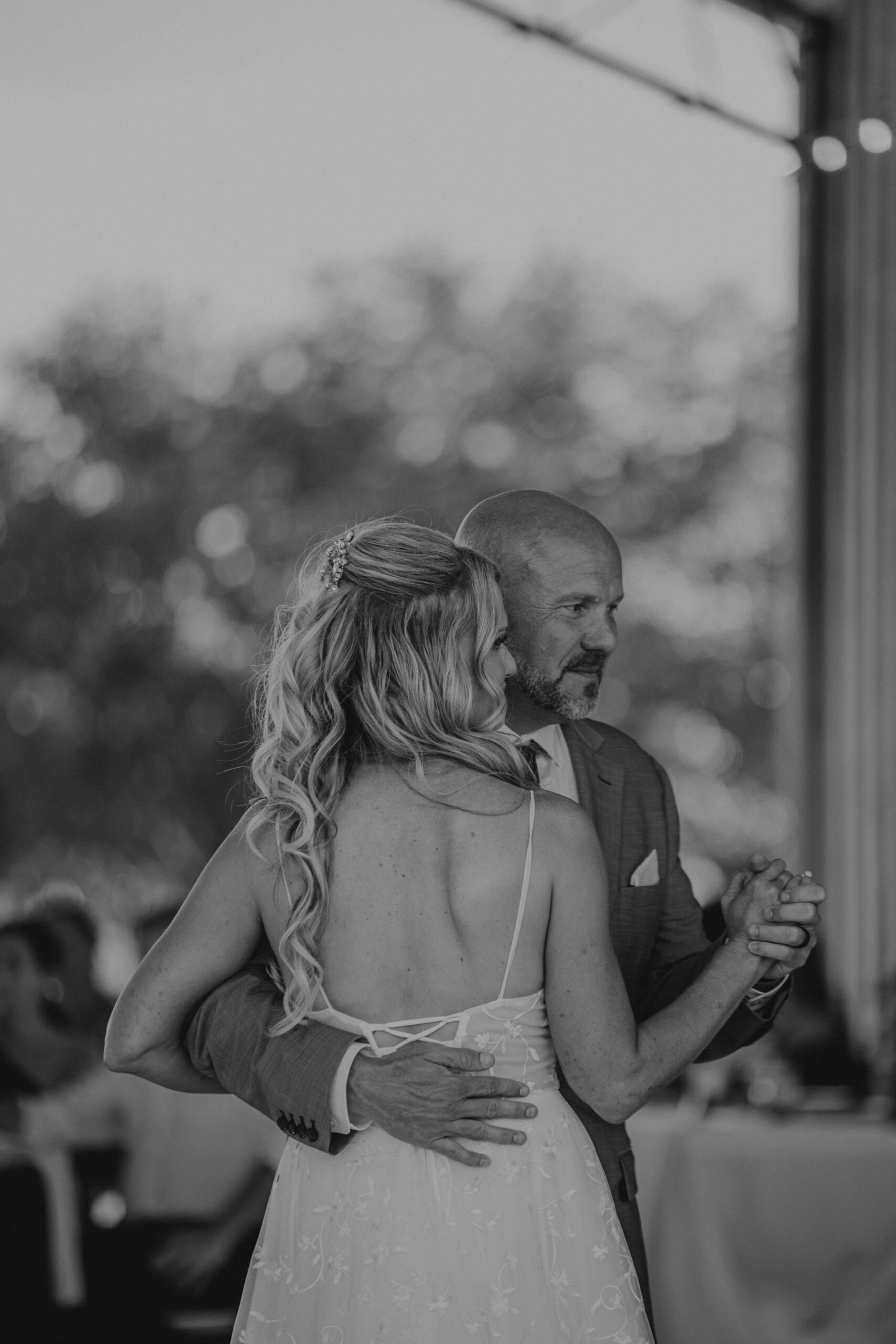 Bride and groom first dance black and white at Brown's Grove Farm wedding reception