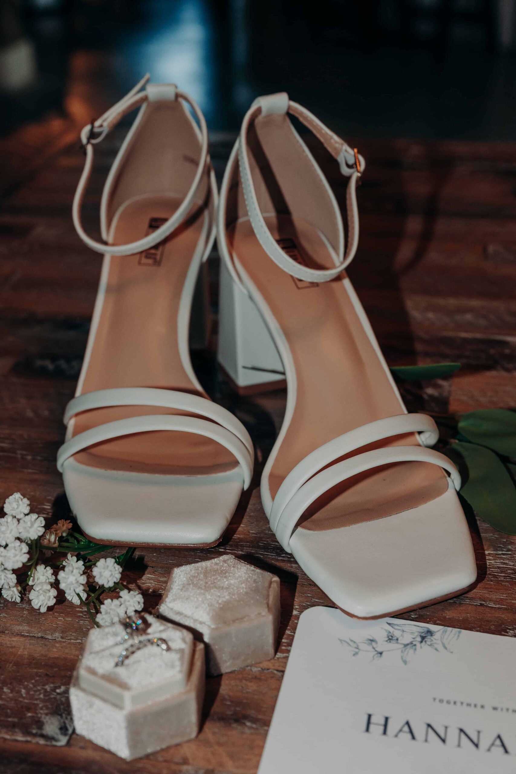 Hidden Acres wedding bride details shoes ring invitation