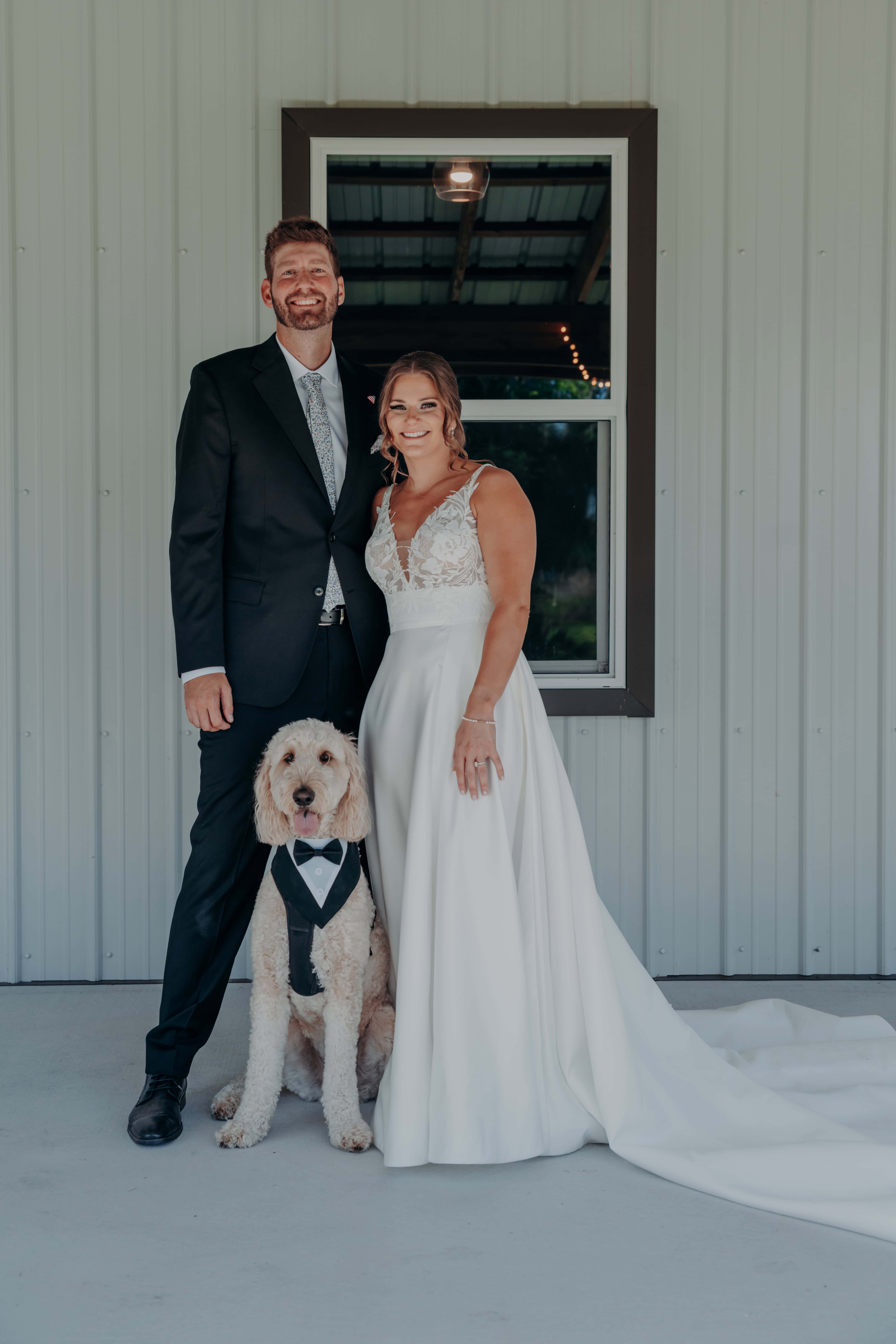 Hidden Acres wedding bride and groom portrait with dog Charlie