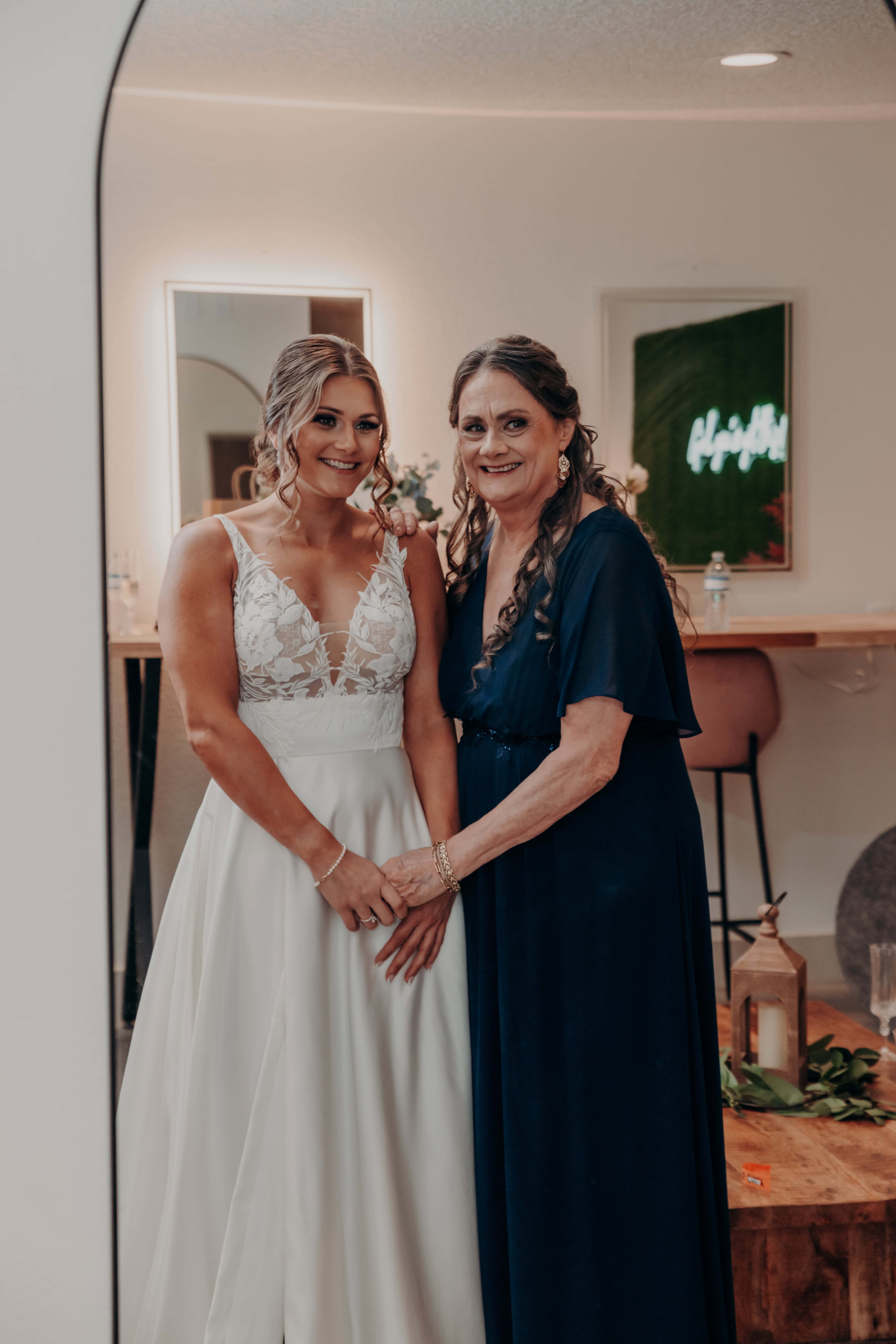 Hidden Acres wedding bride and mother getting ready mirror reflection