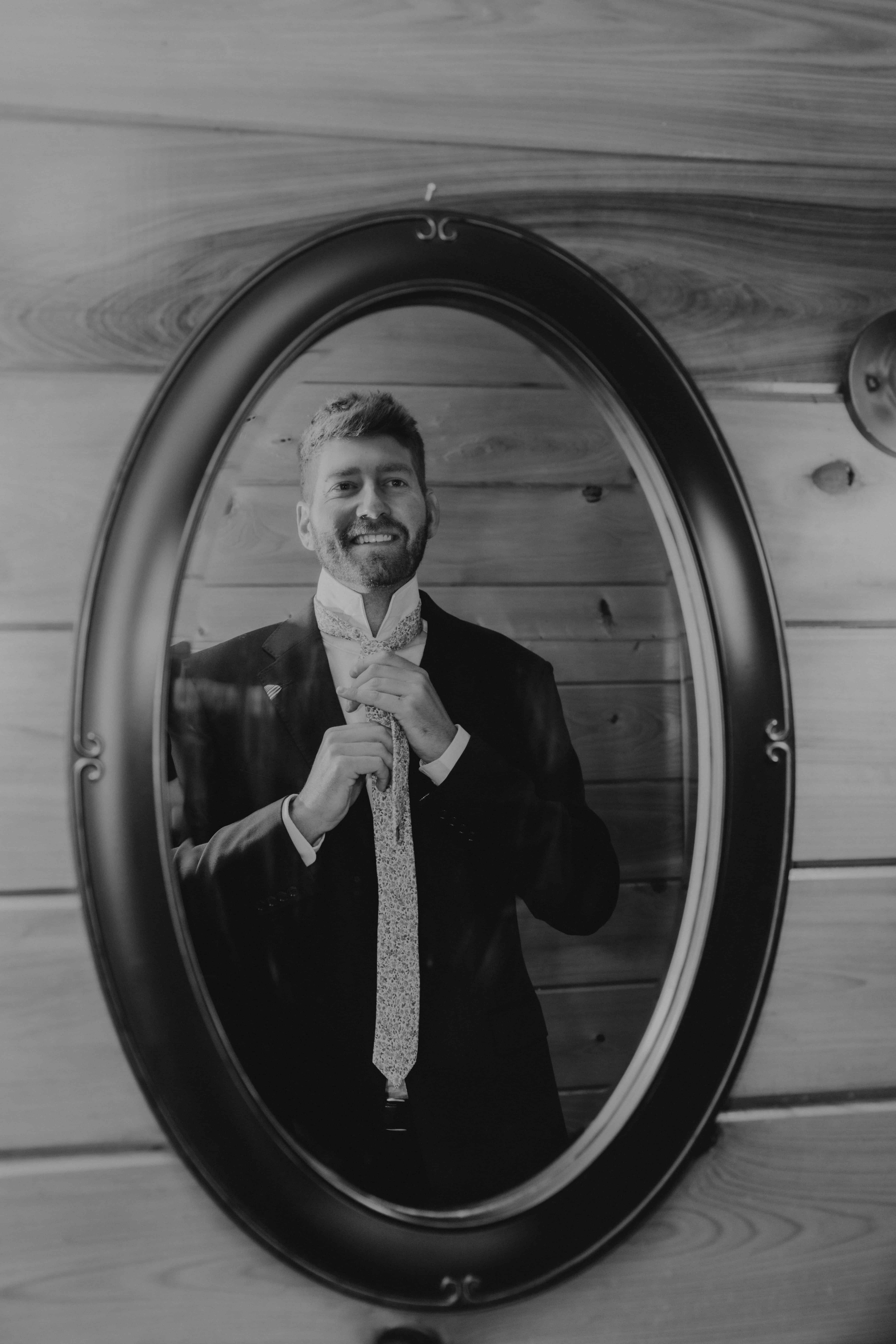 Hidden Acres wedding groom Sean mirror reflection getting ready