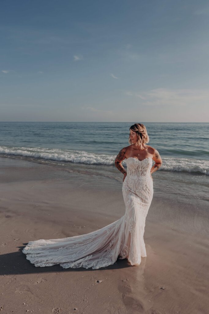 Intimate close portrait of Sarah and Jasen at golden hour Siesta Key beach elopement