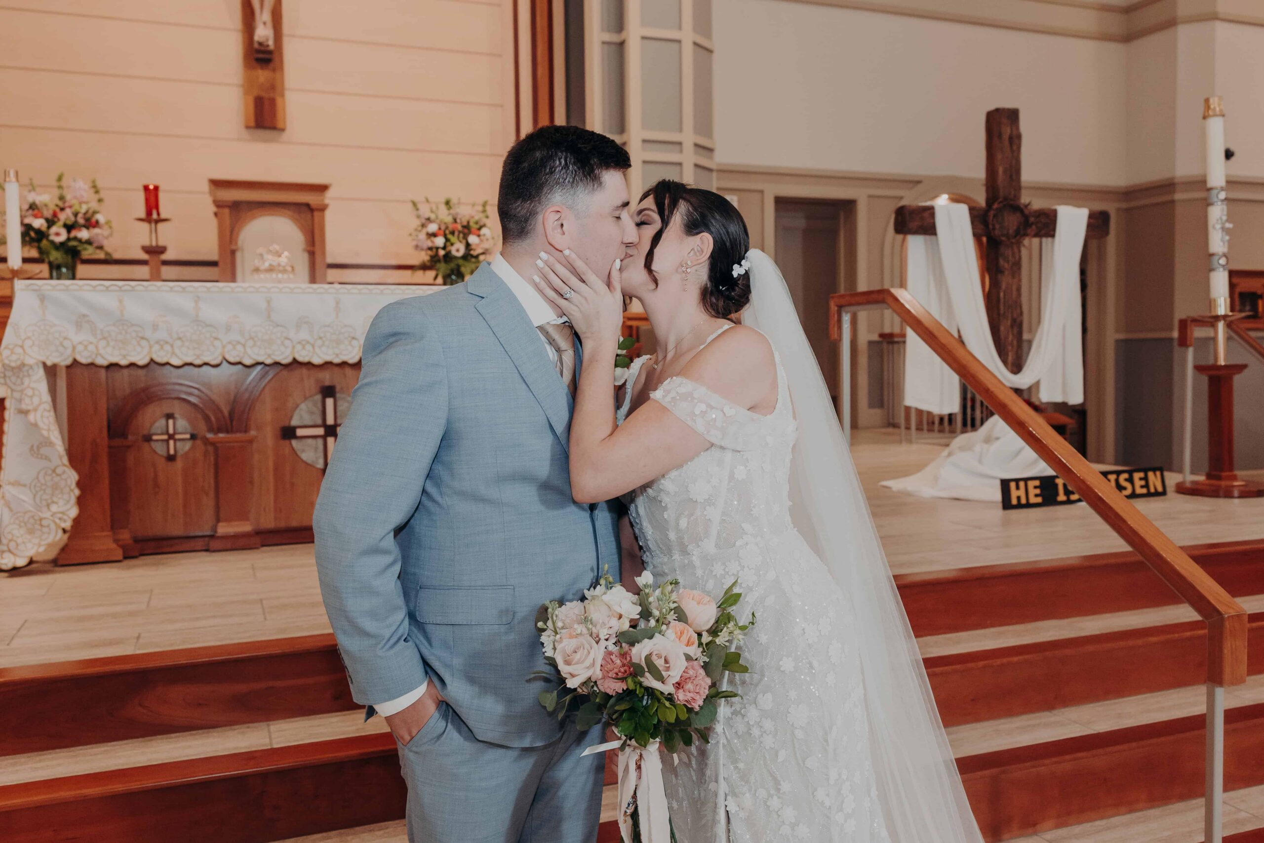 Wedding recessional at Our Lady of the Angels Catholic Church in Lakewood Ranch Florida after Brianna and Ryan Whitley ceremony