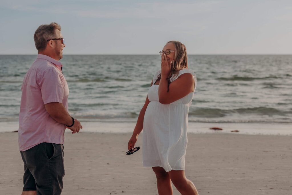 siesta key beach proposal excited reaction engagement ring sarasota