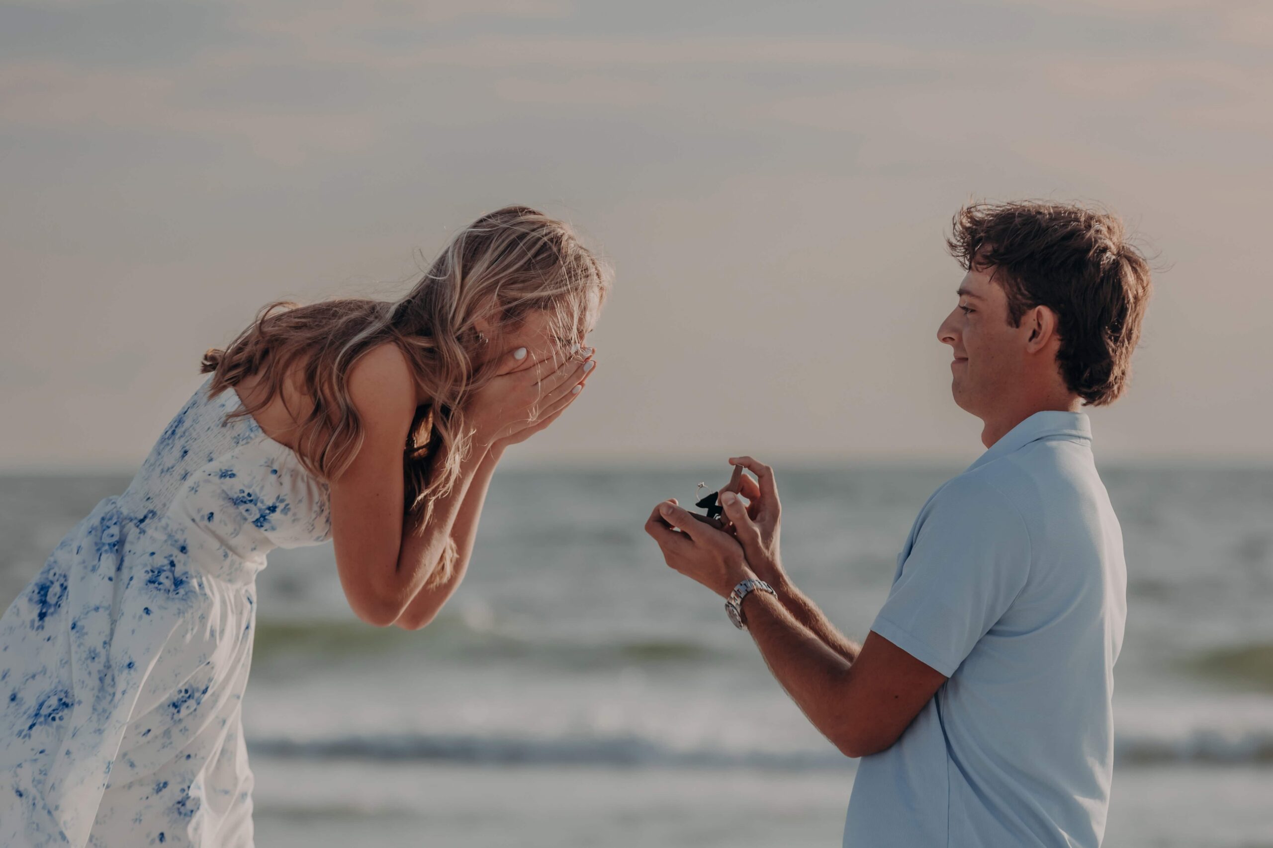 Suzanna's shocked reaction to her surprise proposal on Lido Beach, Sarasota