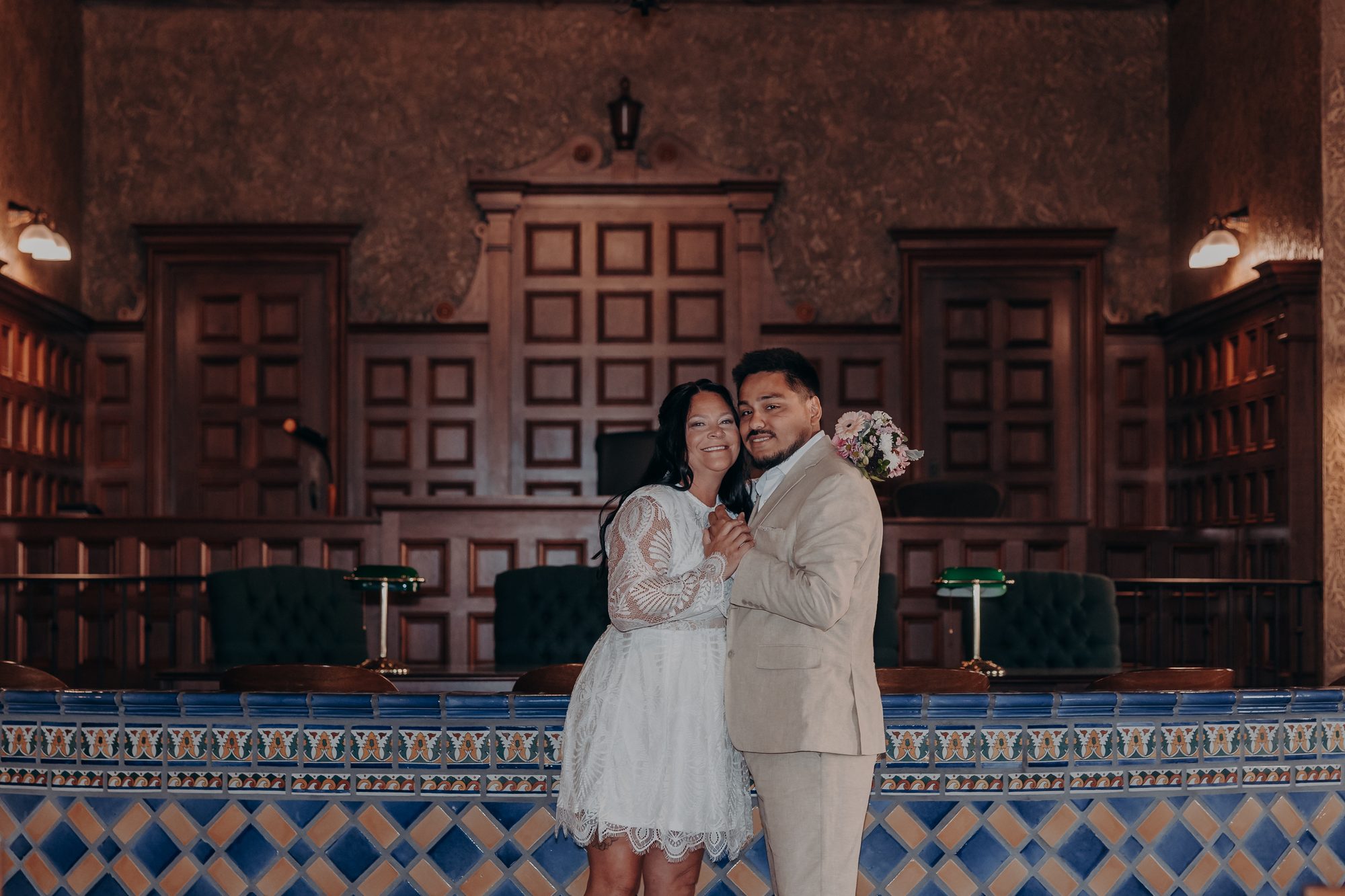 Karlee and Caleb in a close embrace inside the Historic Sarasota County Courthouse