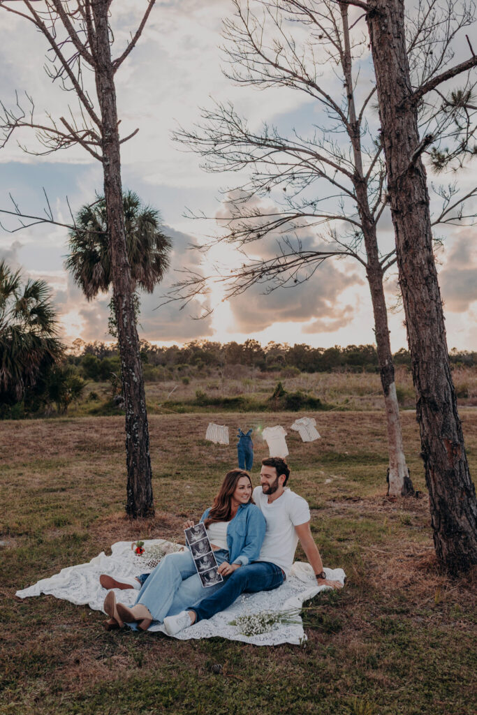 Golden hour pregnancy announcement photos in Ellenton, Florida